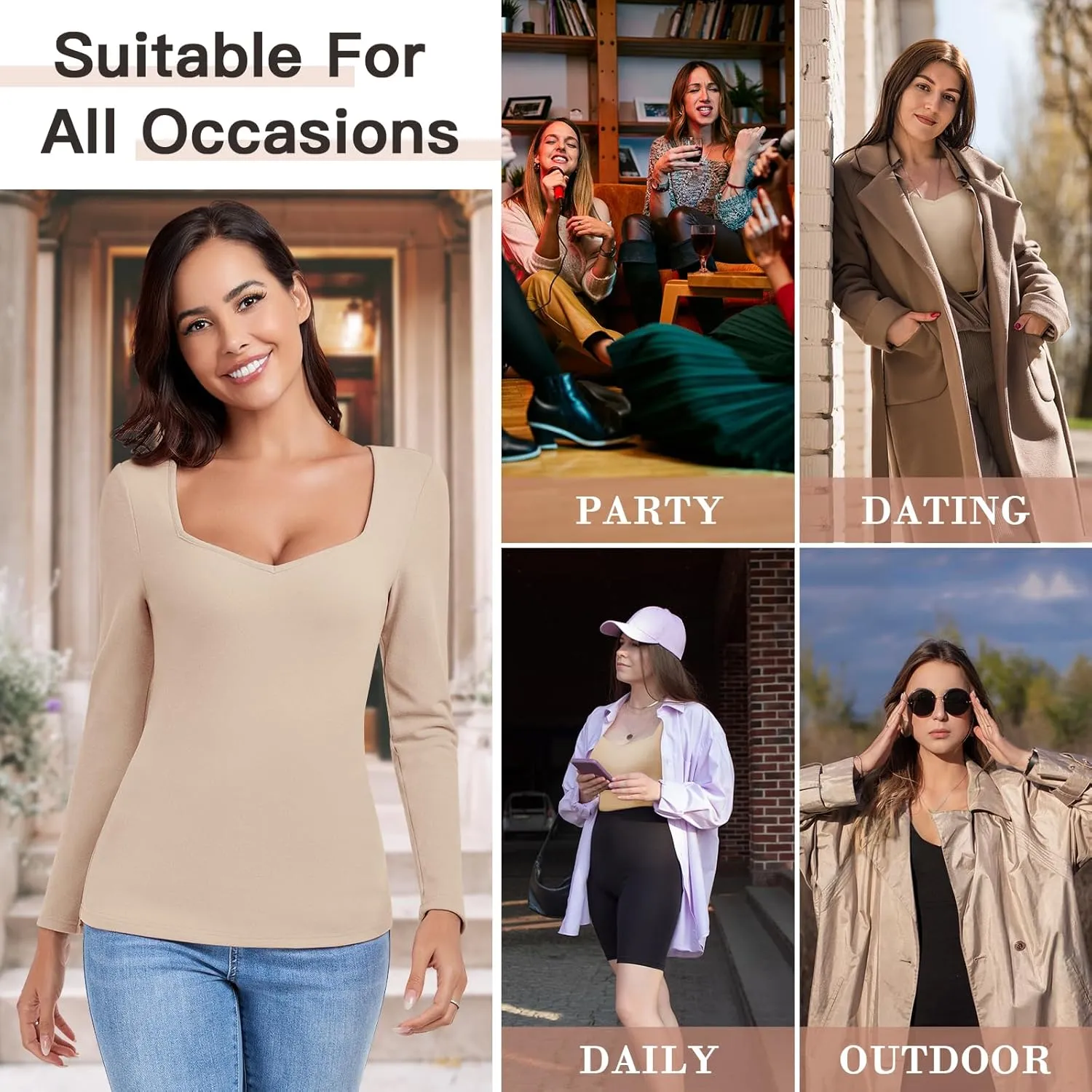 WOWENY Women Thermal Long Sleeve Shirt Fleece Lined Undershirts Basic Fitted Tops Sweetheart Neck Winter Base Layer