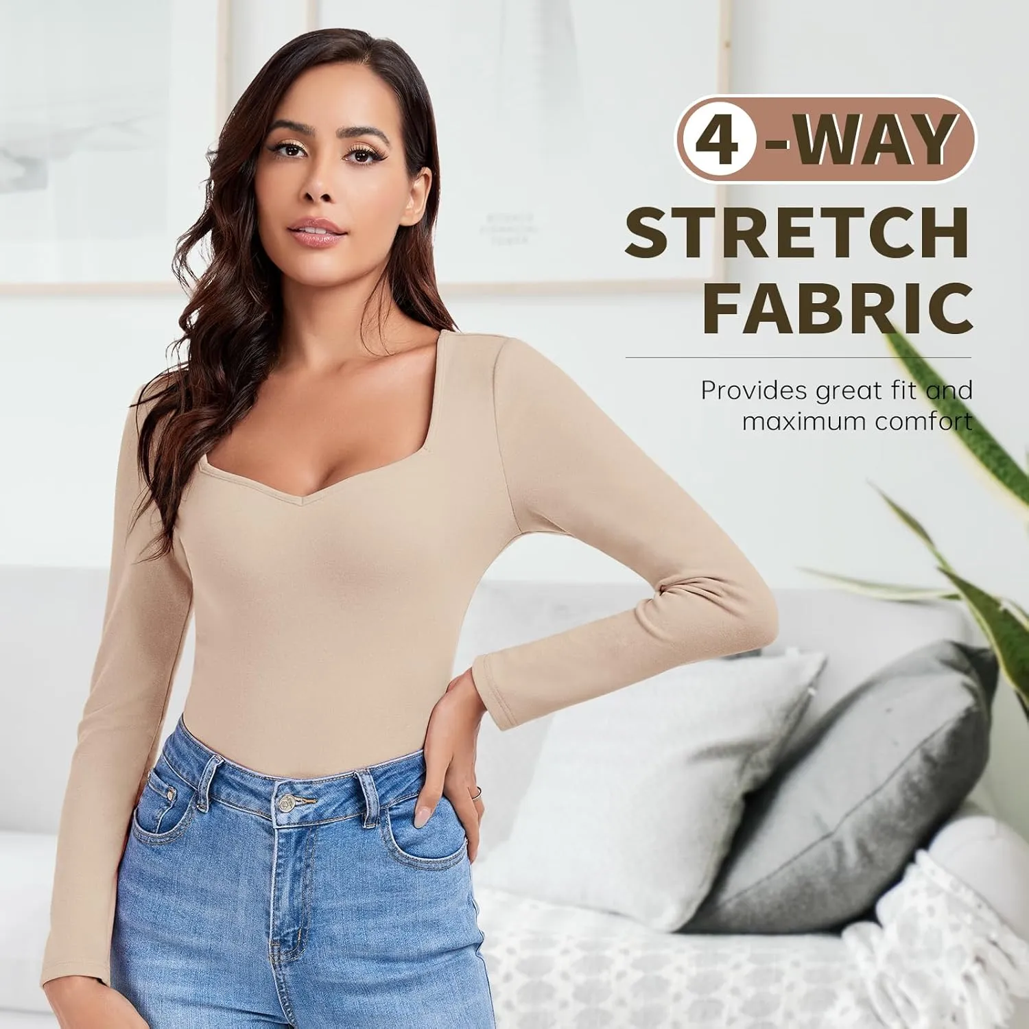 WOWENY Women Thermal Long Sleeve Shirt Fleece Lined Undershirts Basic Fitted Tops Sweetheart Neck Winter Base Layer