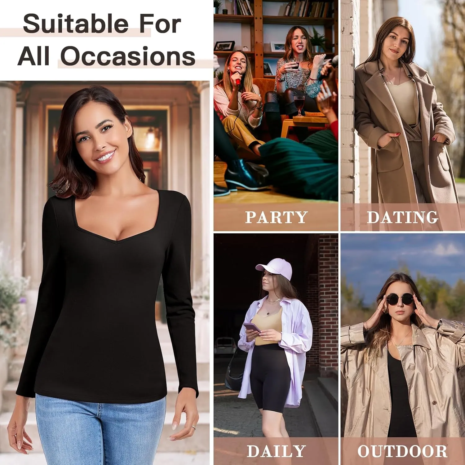 WOWENY Women Thermal Long Sleeve Shirt Fleece Lined Undershirts Basic Fitted Tops Sweetheart Neck Winter Base Layer